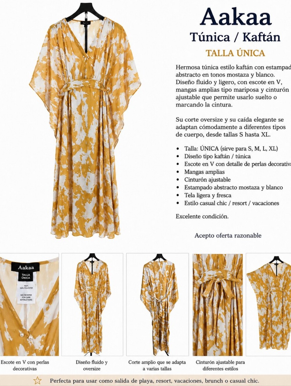 Aakaa Mustard & White Kaftan Tunic Dress – One Size